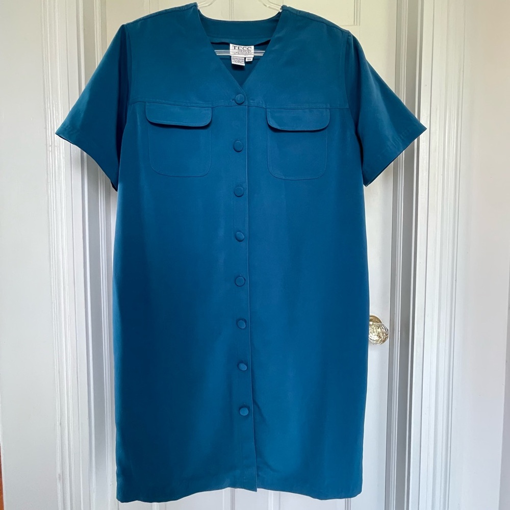 Teal peacock blue button-down dress by Tess size 18 W
